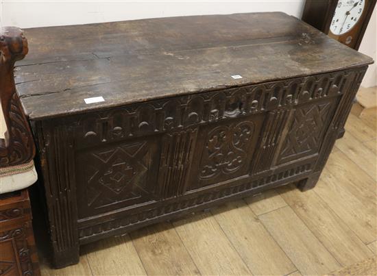 A late 17th century carved oak coffer W.137cm
